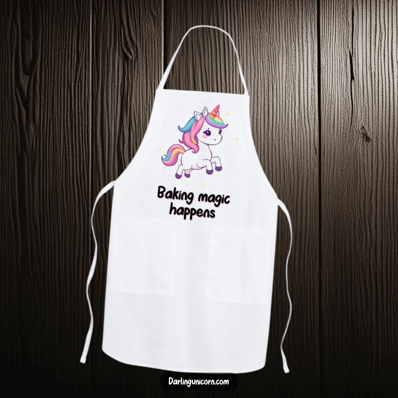 Funny Kawaii Unicorn Apron: A cheerful unicorn with a rainbow mane gallops amidst sparkling clouds, ready for kitchen magic.
