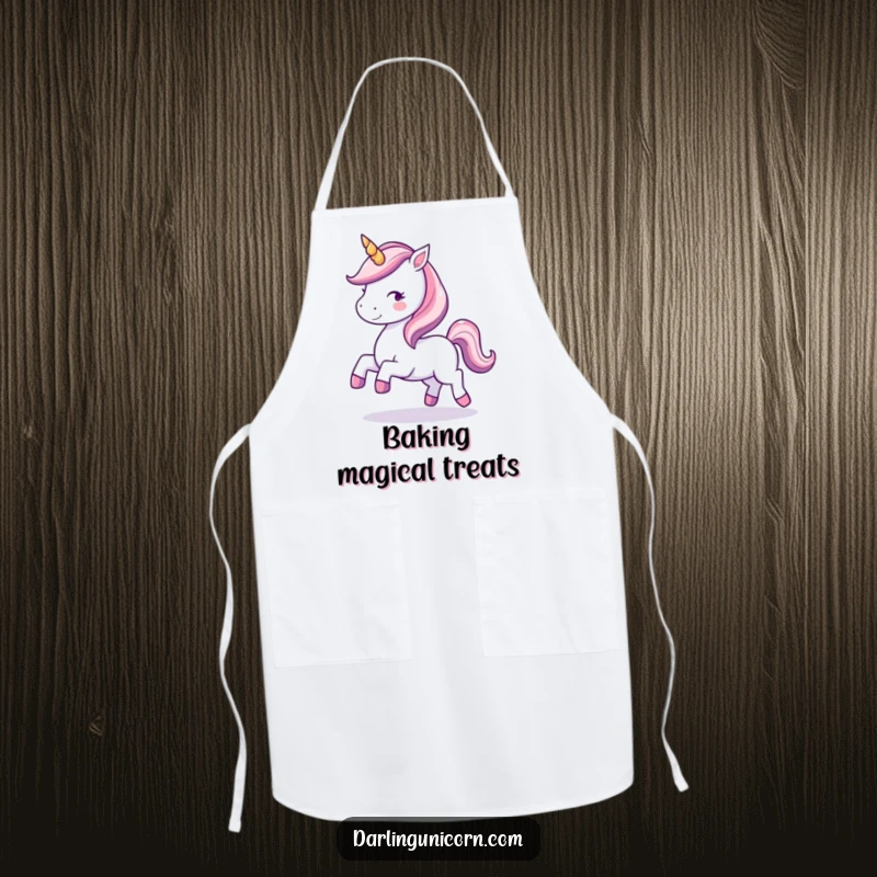 Funny apron with a kawaii unicorn with a sparkling horn, joyfully prancing, ideal for magical kitchen creations.