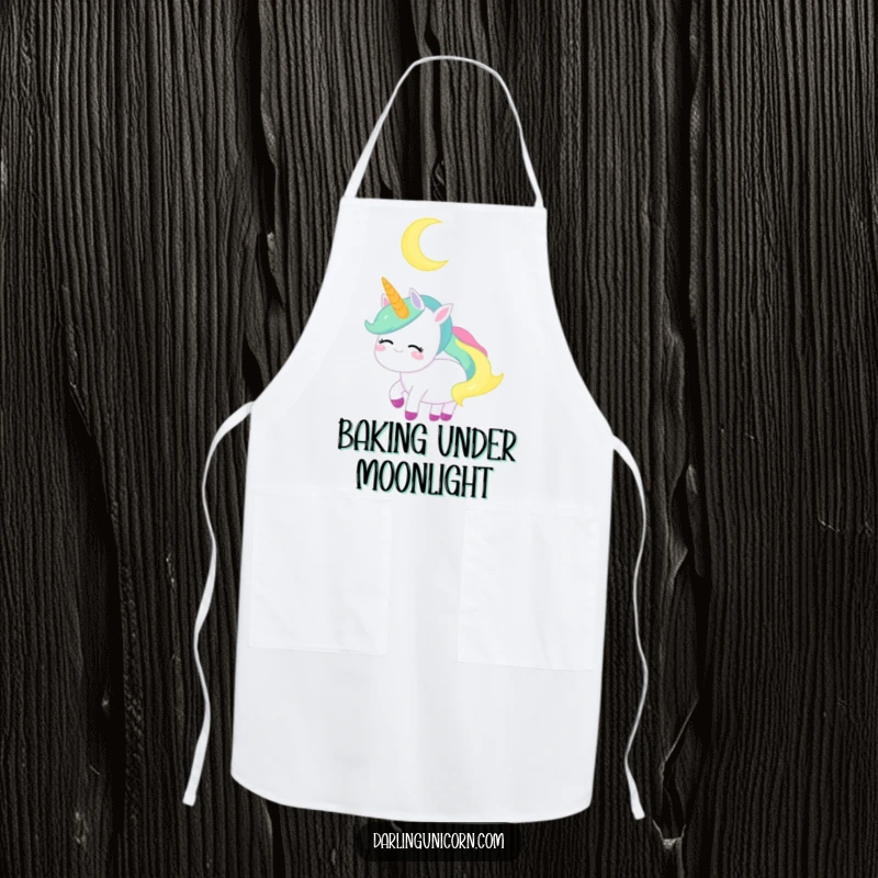 Funny Unicorn Apron: A serene unicorn gazes at a crescent moon, making kitchen time peaceful and fun.