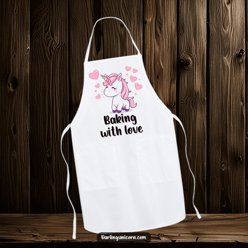 Funny Apron: A unicorn blows a kiss, sending sparkling hearts flying, perfect for adding humor and romance to kitchen wear.