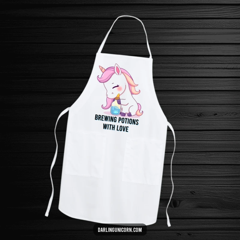Funny apron with a gentle unicorn nuzzling a small, luminous potion bottle with affection, ideal for a magical touch in the kitchen.