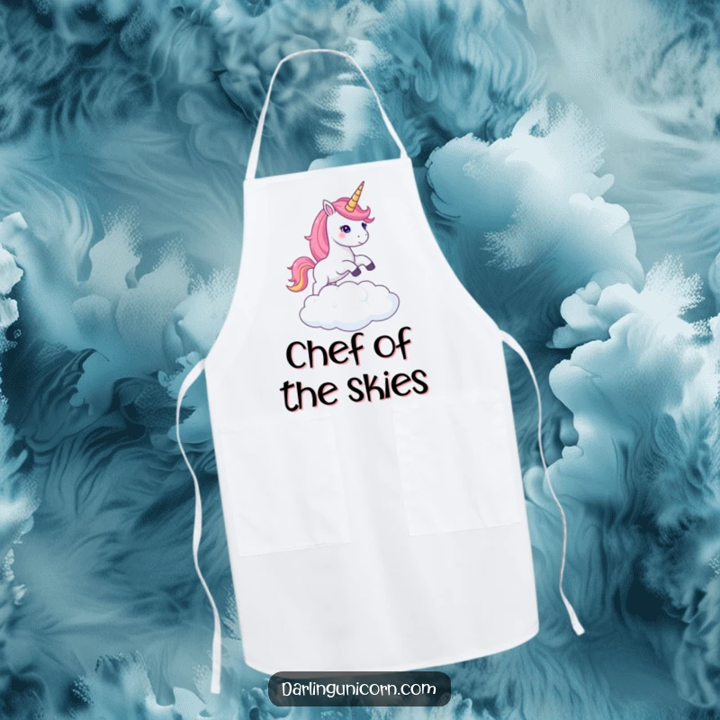 Funny apron depicting a unicorn with a gleaming shimmering horn leaping over a cloud, perfect for magical culinary creations.