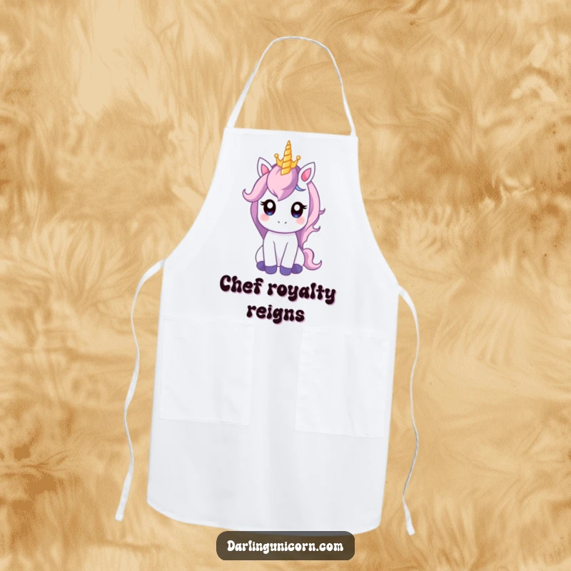 Funny apron with a gentle unicorn balancing a tiny crown on its horn, designed for regal and humorous cooking adventures.