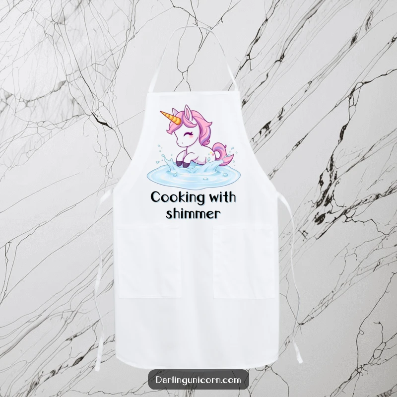 Funny Unicorn Apron: A unicorn playfully splashes in shimmering liquid, making kitchen time fun and magical.