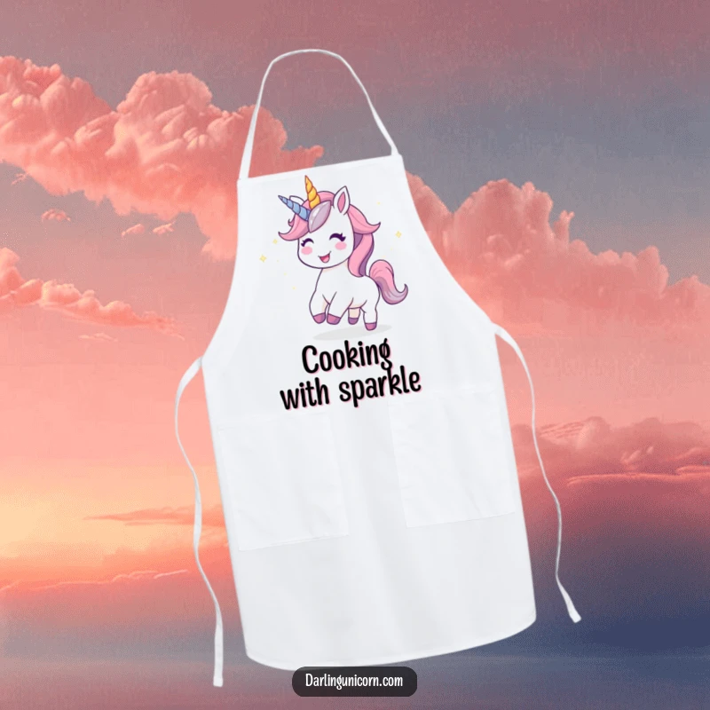 Funny Kawaii Unicorn Apron: A happy unicorn leaves a trail of sparkling stardust, adding magic to the kitchen.