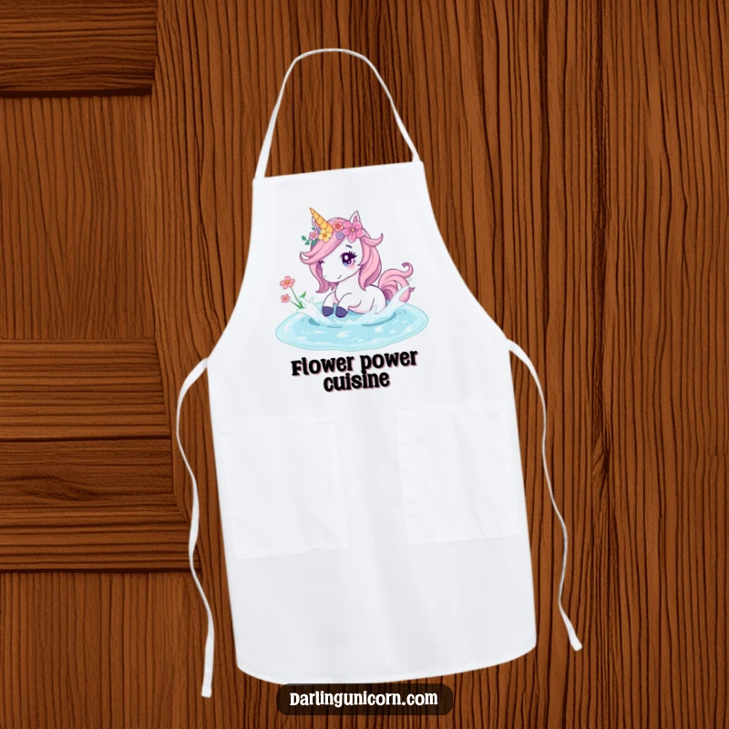 Funny apron depicting a unicorn decorated with flowers playfully splashing in a pond, perfect for adding floral charm to cooking.