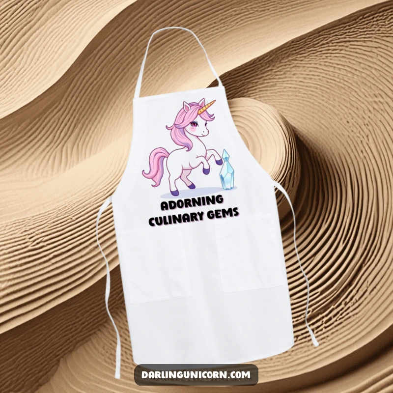 Funny apron with a unicorn and flowing tail touching a crystal, designed for elegant and magical cooking experiences.