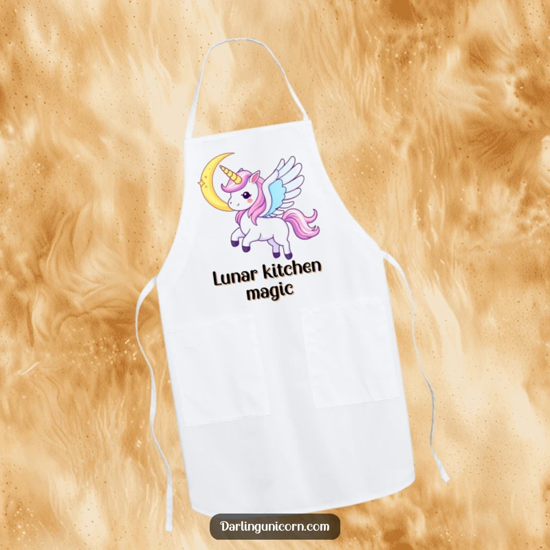 Funny Kawaii Unicorn Apron: A unicorn with iridescent wings soars near a crescent moon, bringing celestial magic to the kitchen.