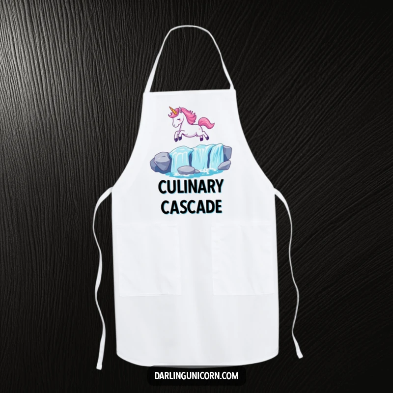 Funny Kawaii Unicorn Apron: A unicorn with a luminous horn leaps over a waterfall, bringing magic to the kitchen.