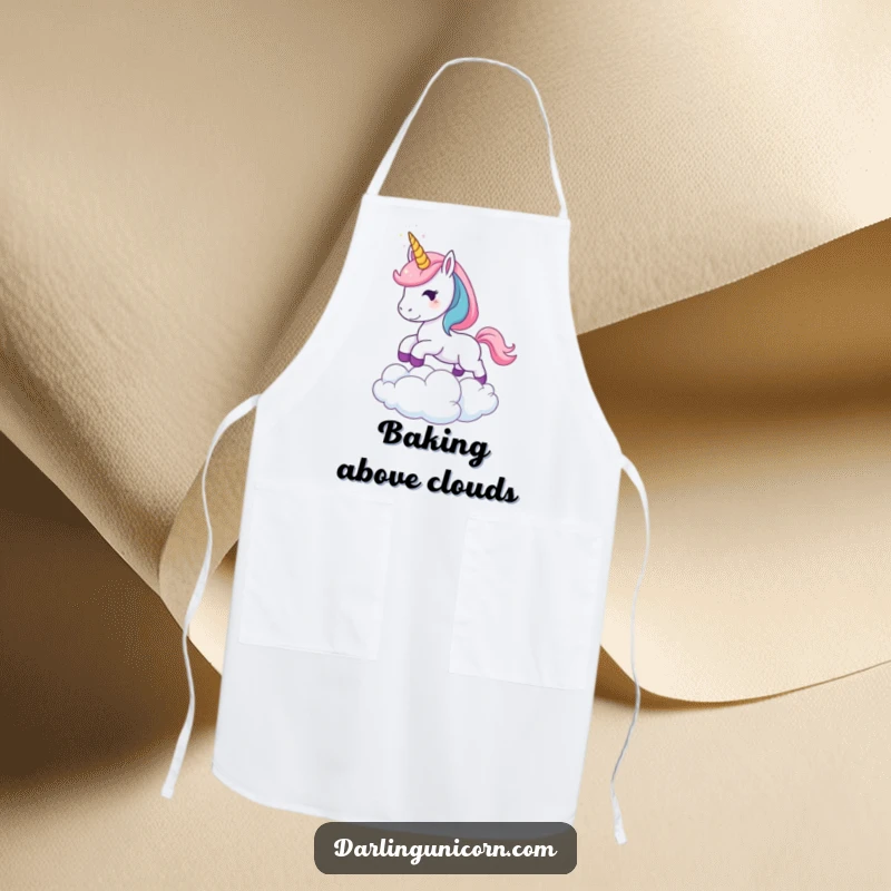 Funny Leaping Unicorn Apron: A young unicorn with a sparkling horn leaping over a cloud, perfect for cooking with a touch of magical and humorous flair.