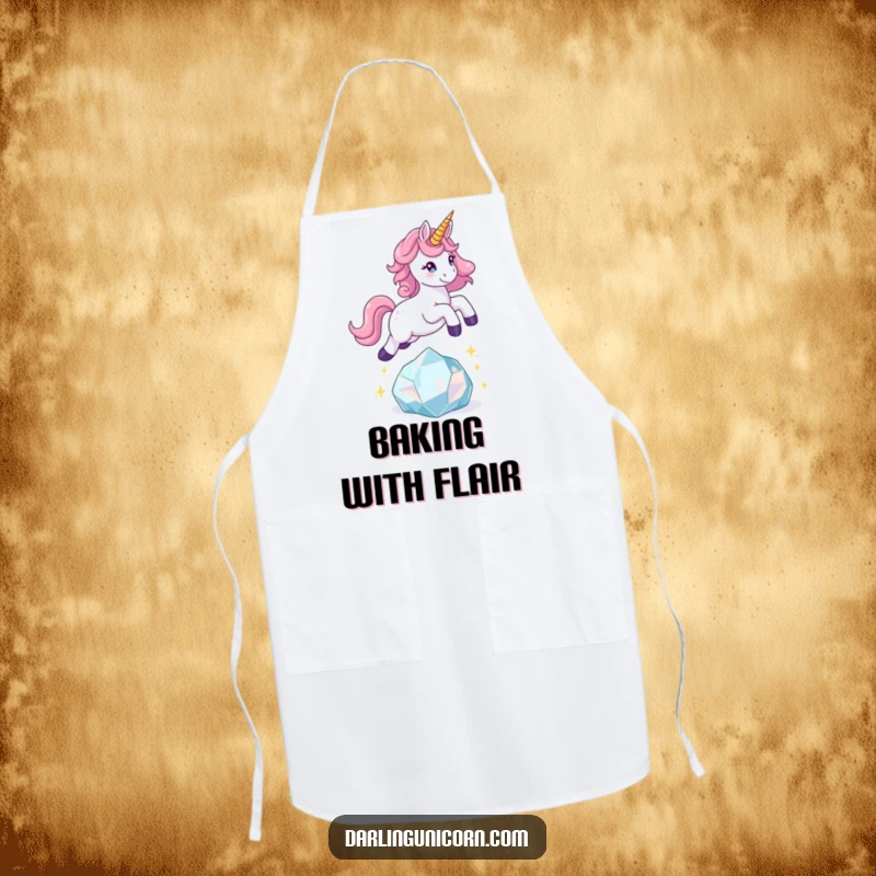 Funny unicorn apron featuring a playful unicorn leaping over a sparkling crystal, perfect for whimsical cooking adventures.