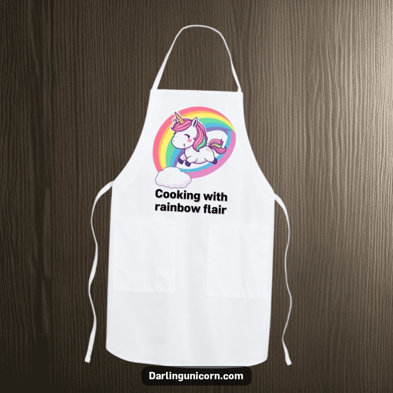 Funny apron with a playful unicorn sliding down a vibrant rainbow with a cheerful whoop, perfect for cheerful kitchen activities.