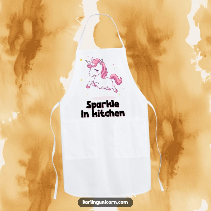 Funny apron with an energetic unicorn kicking up stardust, adding a magical and humorous touch to kitchen activities.