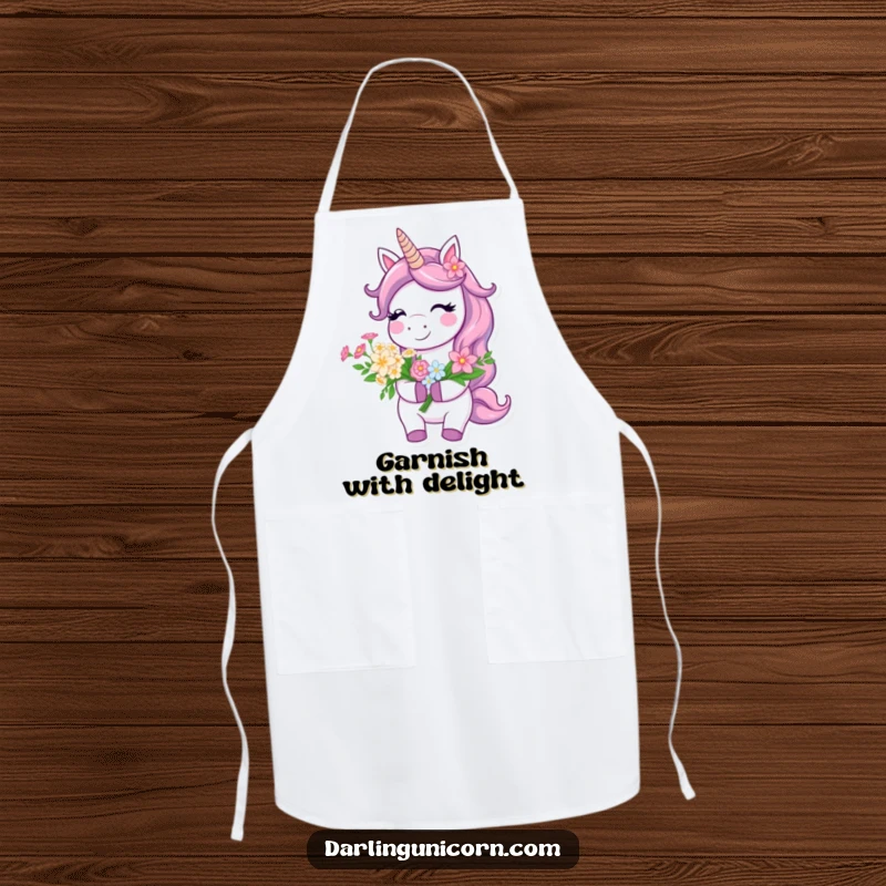 Funny Apron designed with a smiling unicorn holding a beautiful flower bouquet, adding cheerful vibes to cooking.