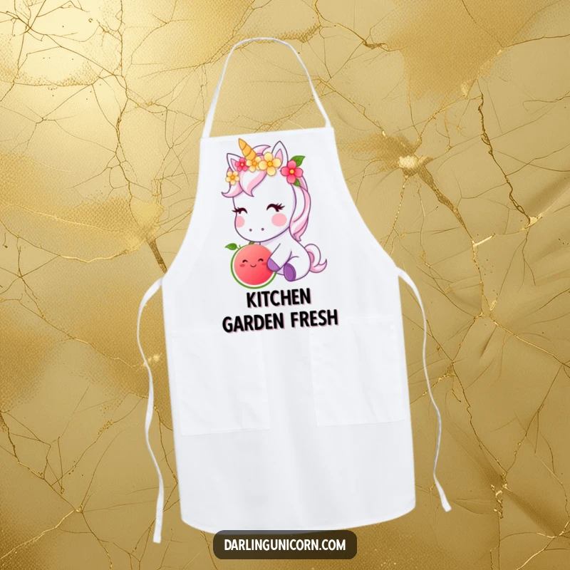 Funny apron showing a cute unicorn with a flower crown nibbling a glowing magical fruit, perfect for enchanting culinary adventures.