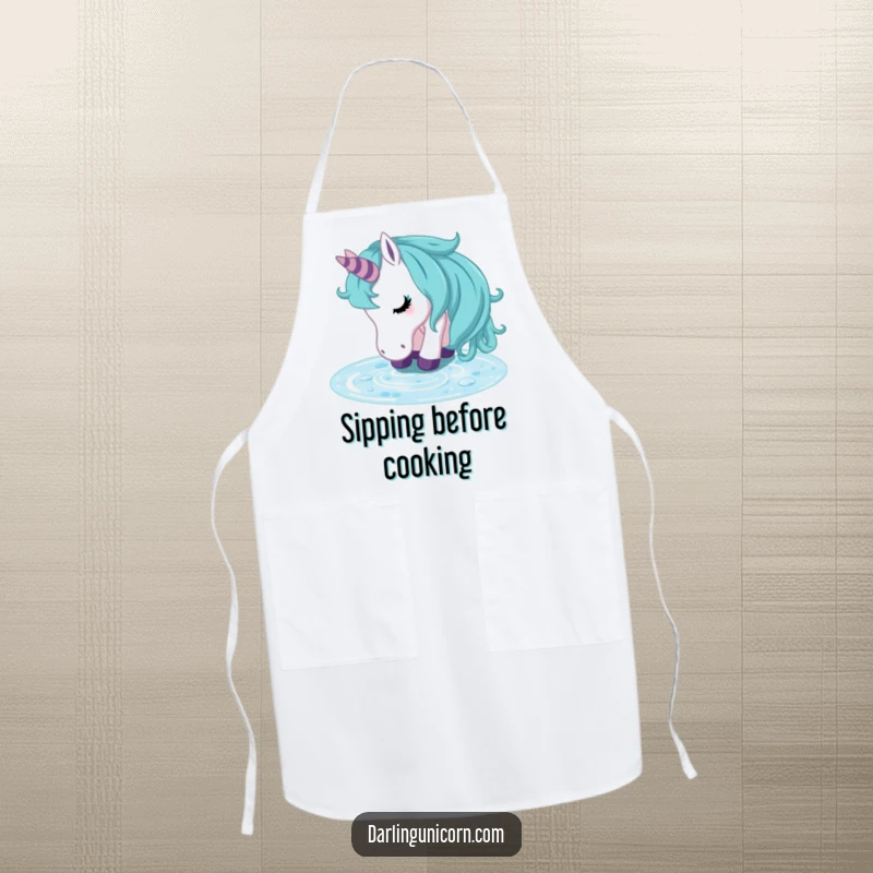 Funny unicorn apron featuring a refreshed unicorn drinking from a crystal clear stream, designed for peaceful kitchen adventures and serene cooking.