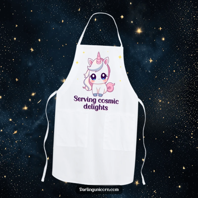 Funny apron depicting a unicorn with curious eyes, gazing at shooting stars, bringing celestial charm to the kitchen.