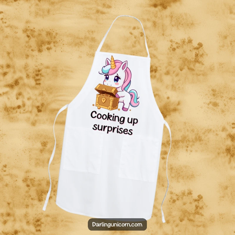 Funny apron showing a surprised unicorn finding a chest full of gold, perfect for kitchen fun and protection.