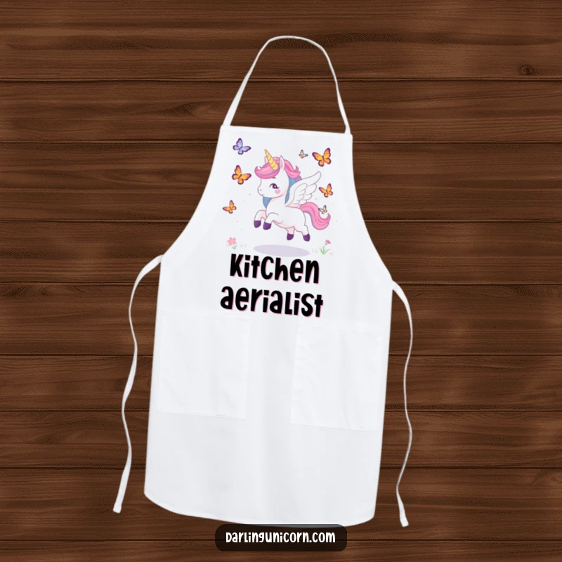 Funny apron showing a winged unicorn playfully chasing butterflies, perfect for whimsical culinary adventures.