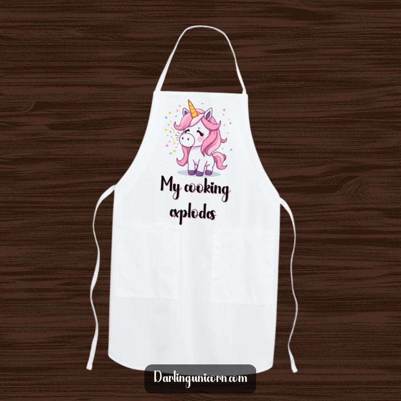 Funny surprised unicorn sneezing a shower of colorful confetti on a whimsical and practical kitchen apron.