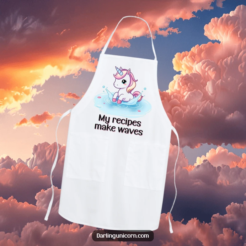 Funny apron depicting a unicorn playfully splashing in a crystal clear pond, bringing refreshing cheer to the kitchen.