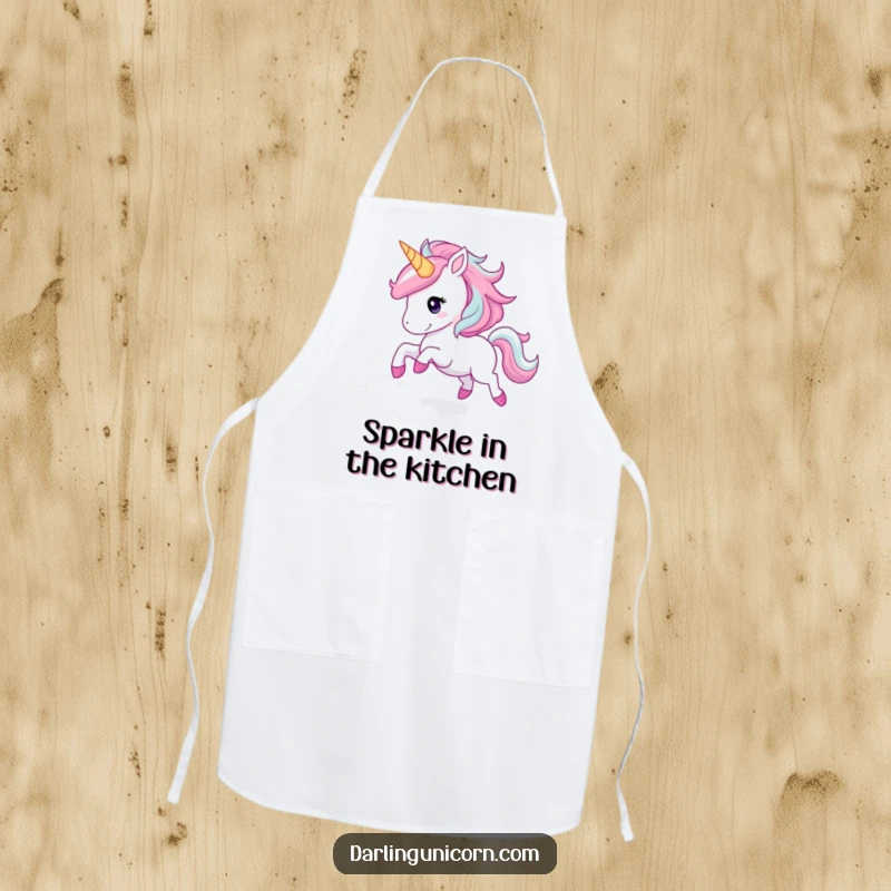 Funny unicorn galloping apron showing a joyful unicorn with a sparkling mane amidst clouds, perfect for kitchen magic.