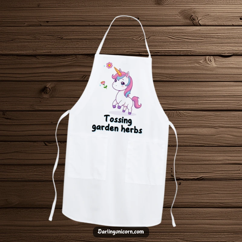 Funny apron showcasing a unicorn playfully tossing a flower, ideal for adding whimsical humor to kitchen tasks.