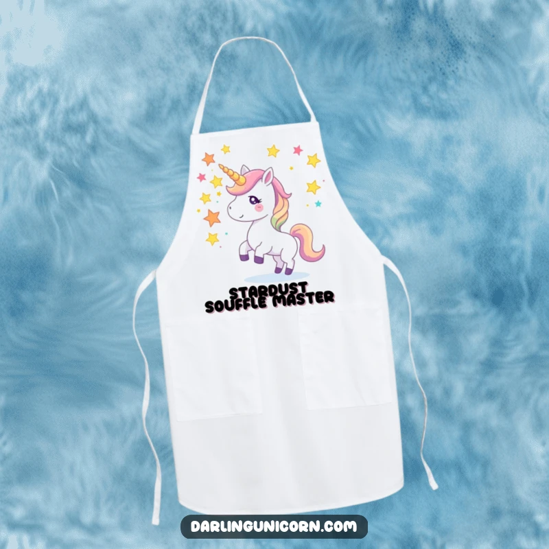 Funny apron depicting a unicorn juggling colorful star fragments with its horn, bringing whimsical magic and flair to the kitchen.