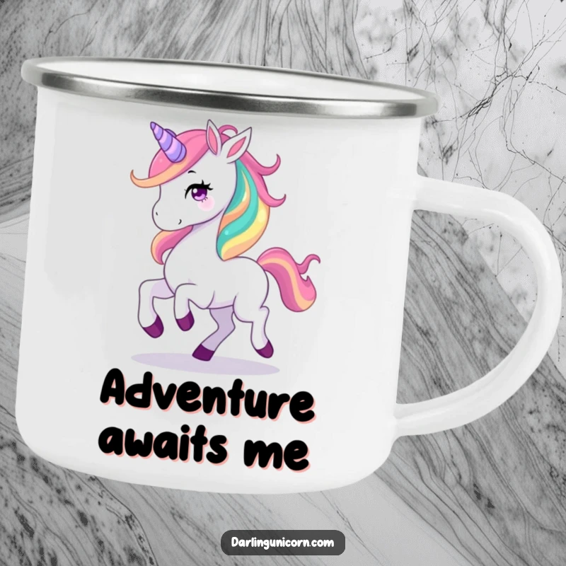 Funny camping mug with a graceful unicorn prancing energetically, its rainbow mane a vibrant spectacle, ready for outdoor fun.
