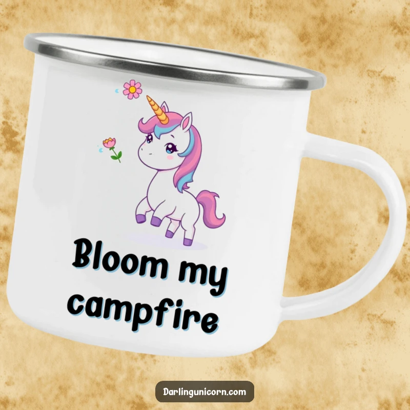 Funny camping mug featuring a unicorn playfully tossing a flower, built for adventures and spreading cheerful humor.