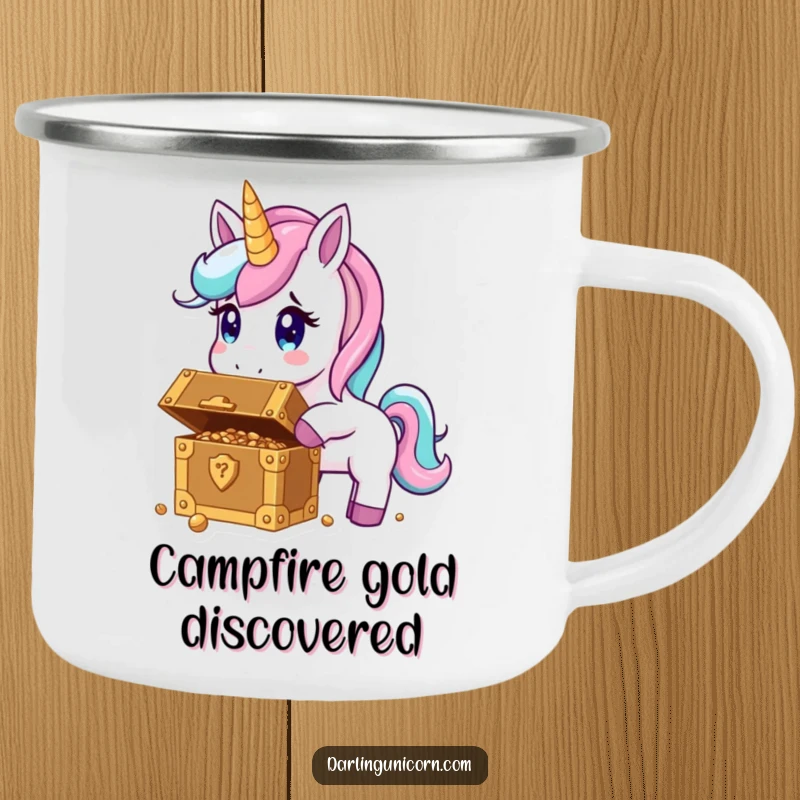 Funny camping mug showing a surprised unicorn discovering a chest overflowing with gold, ideal for outdoor fun.