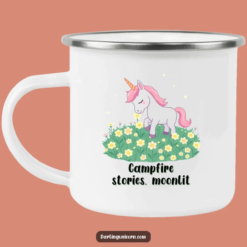 Funny Unicorn Moonflower Camping Mug: Gentle Nuzzle, Enamel Nature Mug