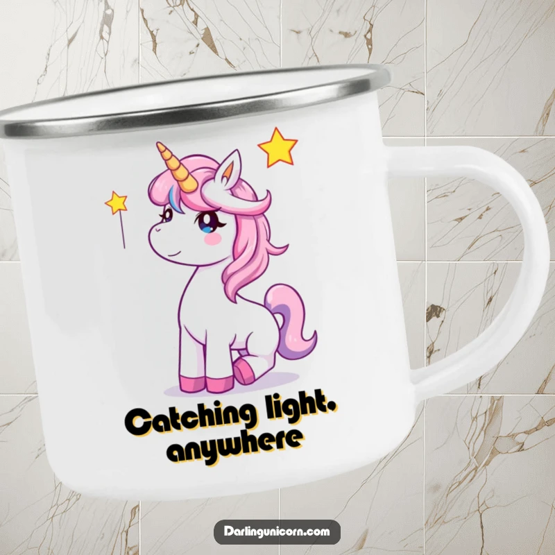 Funny Unicorn Camping Mug: A joyful unicorn catches a falling star, perfect for magical drinks outdoors.