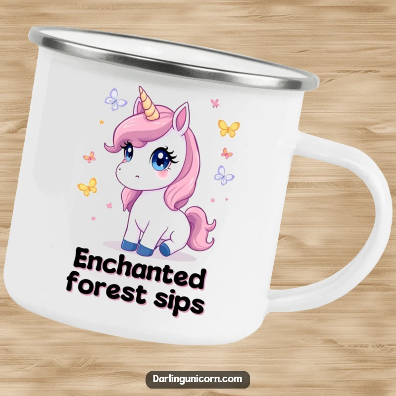 Cute camping mug showing a unicorn with innocent eyes watching butterflies, perfect for outdoor enchantment and magical moments.