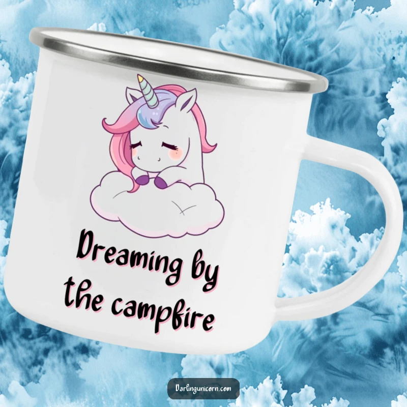 Funny camping mug featuring a unicorn nuzzling a cloud with a contented sigh, perfect for enjoying hot drinks outdoors with whimsical flair.
