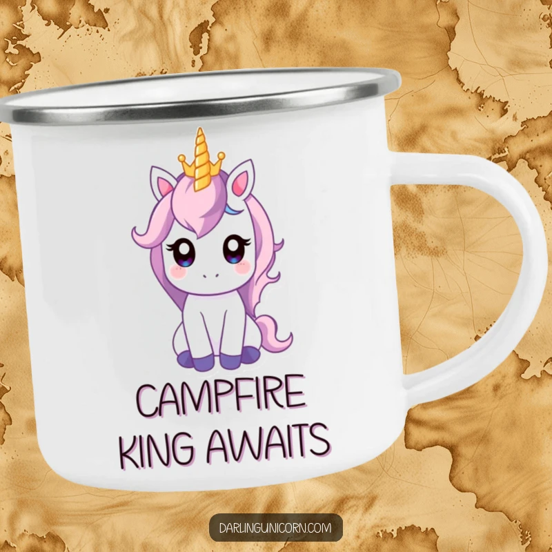 Funny camping mug with a gentle unicorn balancing a tiny crown on its horn, designed for regal and magical outdoor enjoyment.