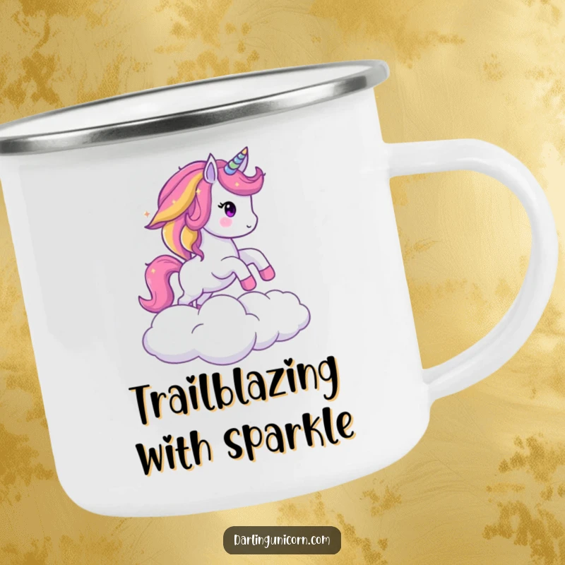 Funny camping mug with a sparkling unicorn, rainbow mane, leaping over a cloud, designed for magical and humorous outdoor enjoyment.