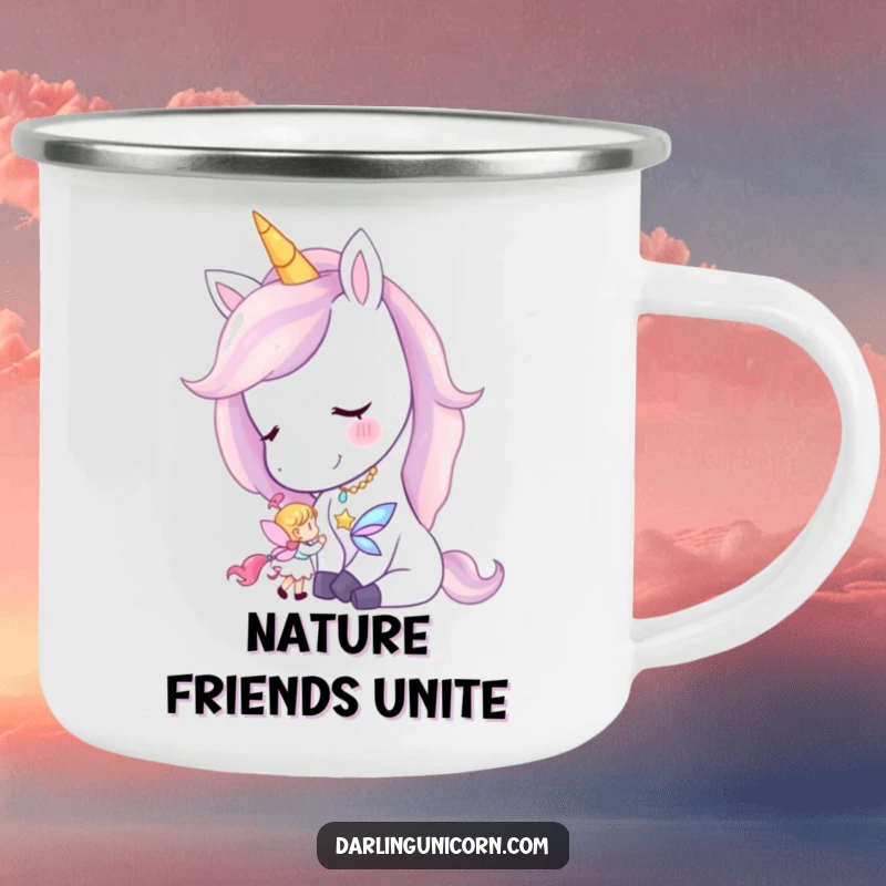 Funny camping mug with a unicorn tenderly nuzzling a tiny fairy, perfect for outdoor enchantment.
