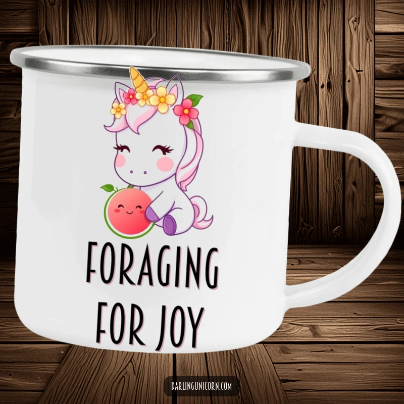 Funny camping mug with a cute unicorn adorned with a flower crown, enjoying a magical fruit, designed for whimsical outdoor trips.