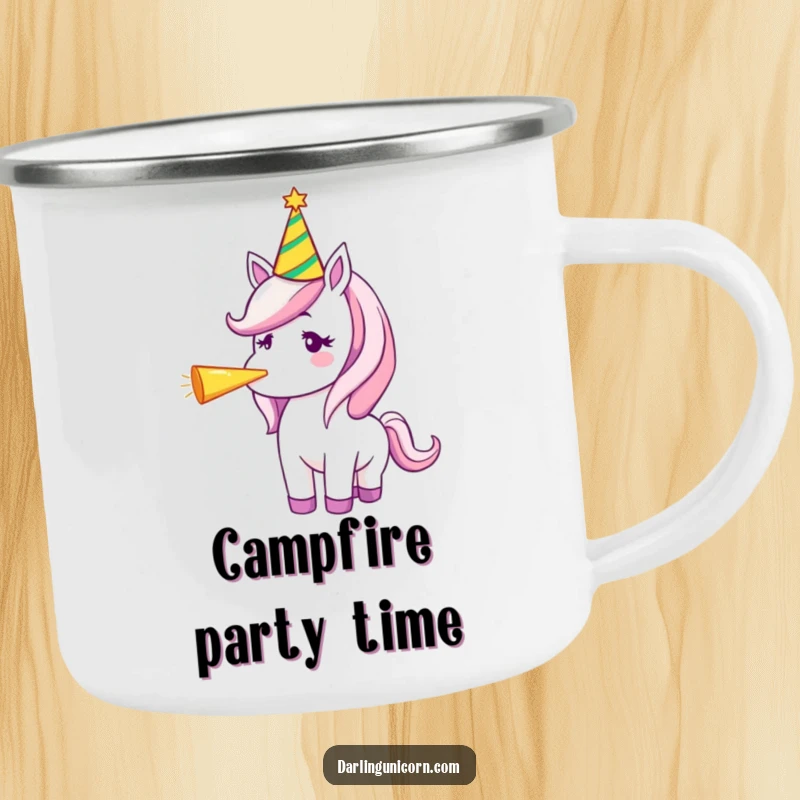 Funny camping mug with a unicorn in a party hat blowing a party horn, designed for festive outdoor enjoyment.