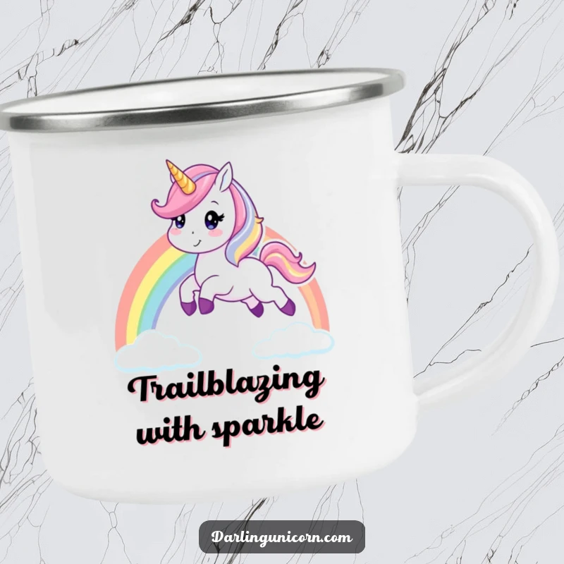 Funny unicorn camping mug featuring a cheerful unicorn leaping over a rainbow, sturdy and perfect for outdoor adventures with a magical twist.