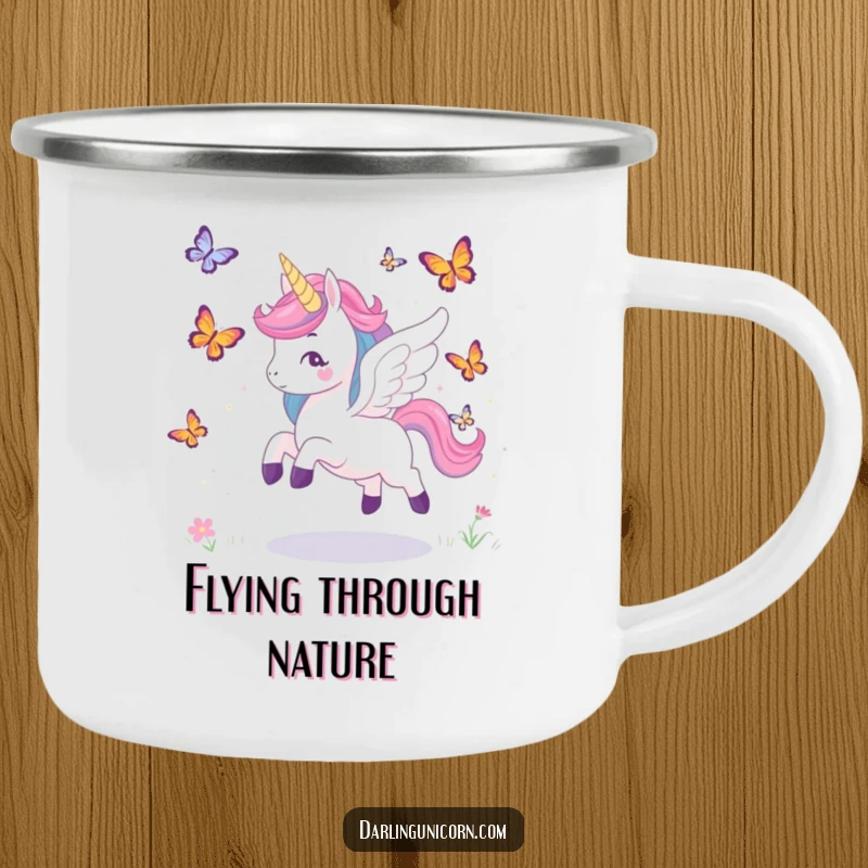 Funny camping mug with a winged unicorn playfully chasing butterflies, designed for magical outdoor escapades.