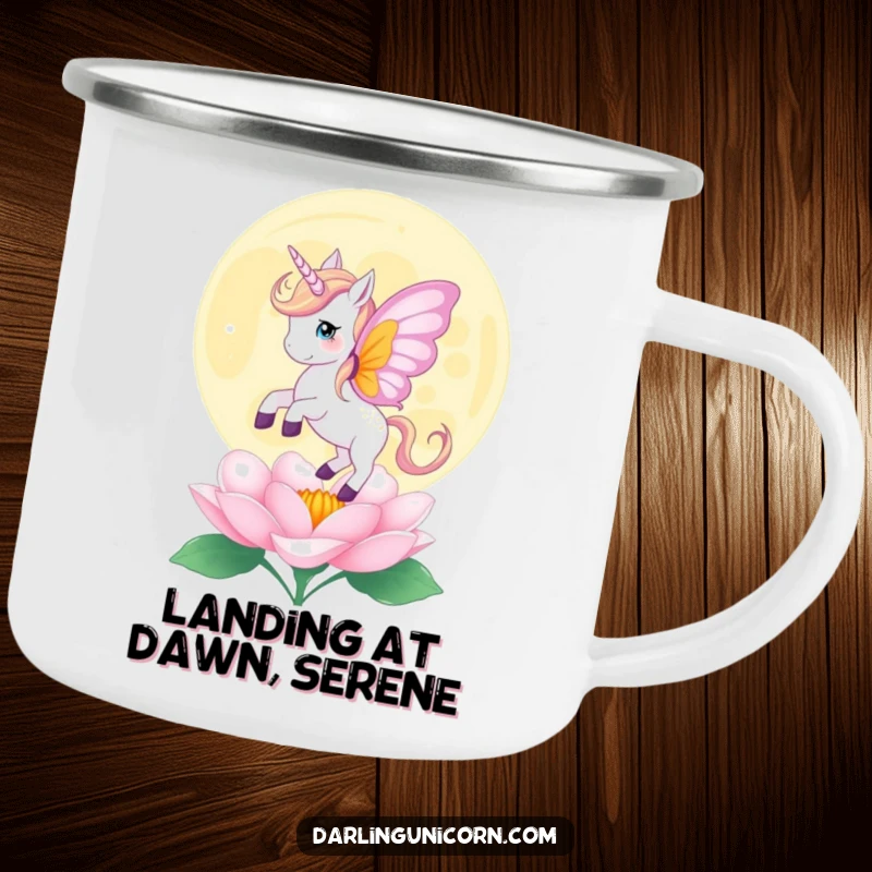 Funny camping mug with a unicorn with butterfly wings gently landing on a blooming moonflower, perfect for enjoying drinks outdoors.