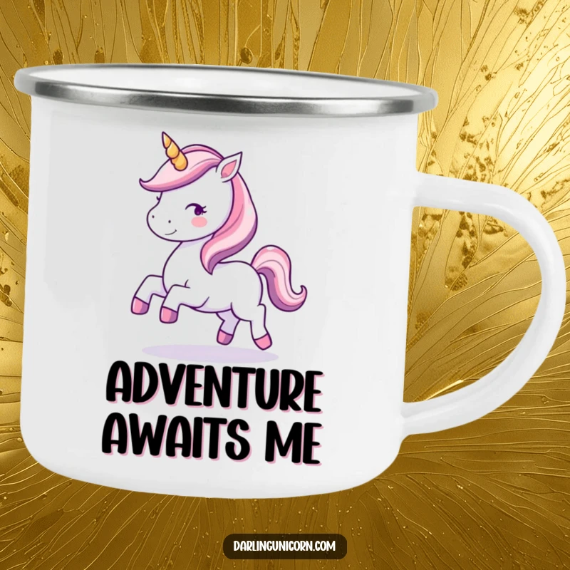 Funny camping mug with a kawaii unicorn with a sparkling horn, joyfully prancing, ideal for magical outdoor moments.