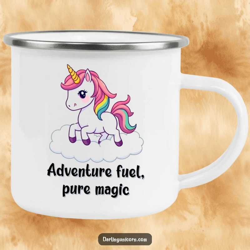 Funny kawaii unicorn with a colorful rainbow mane prancing through clouds on a sturdy enamel camping mug for outdoor fun.