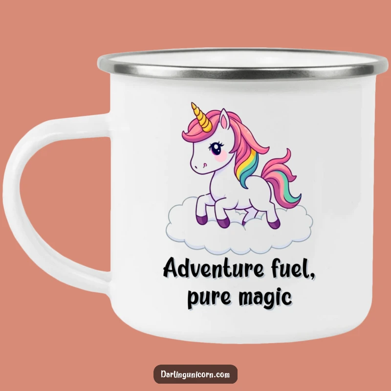 Funny Kawaii Unicorn Camping Mug: Rainbow Clouds, Enamel & Adventure Gift