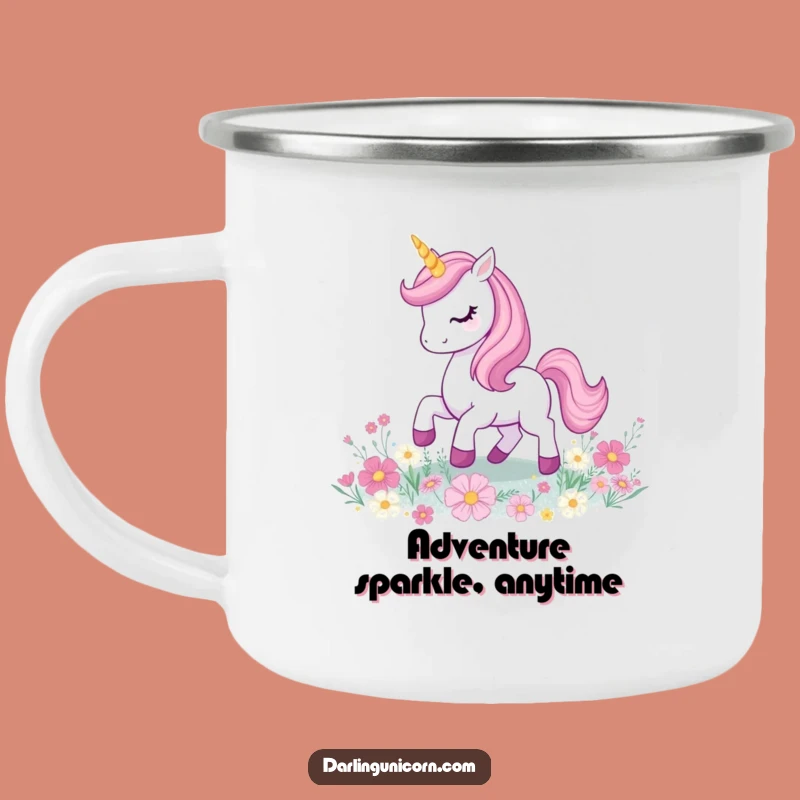 Funny Unicorn Camping Mug: Prancing Magic on Glitter Flowers, Outdoor Gift