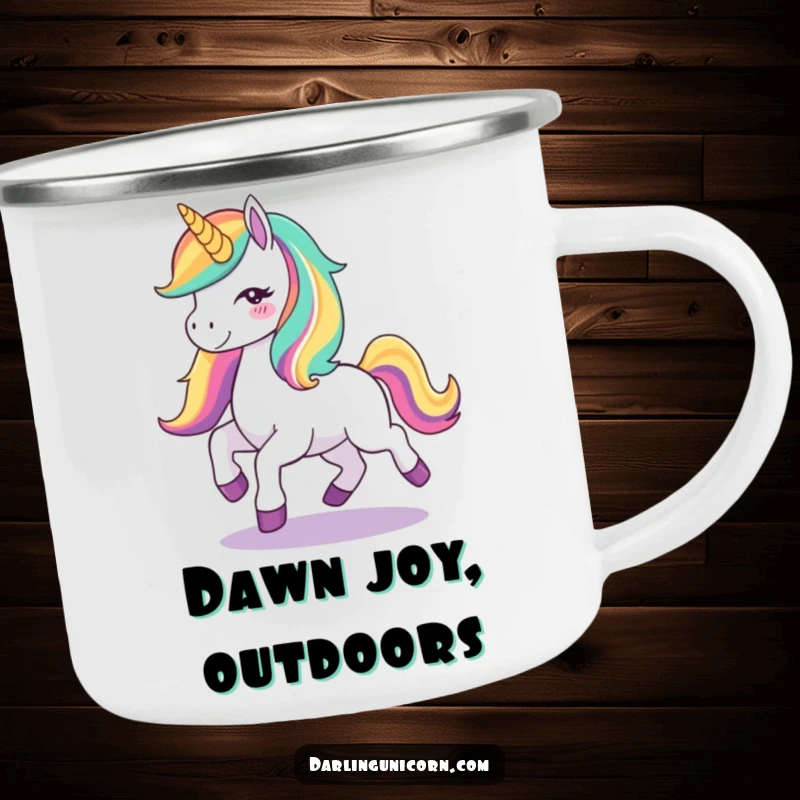 Funny Unicorn Joy Camping Mug: A durable mug featuring a cute unicorn with a rainbow mane prancing with joy, perfect for outdoor adventures with magic.