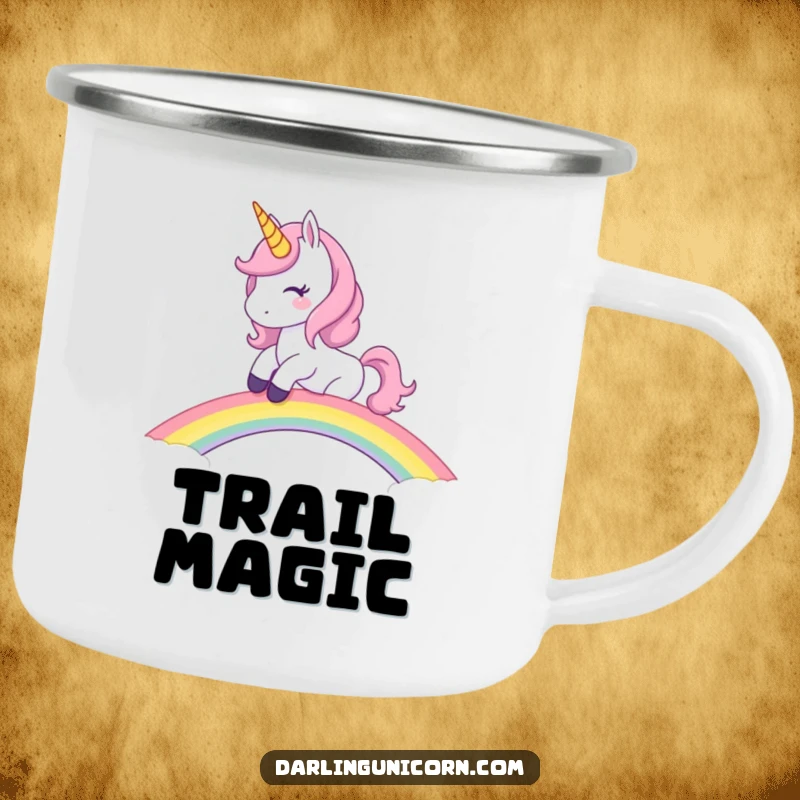 Funny Unicorn Camping Mug: Mischievous unicorn riding a rainbow bridge, humorous and durable for magical outdoor journeys.