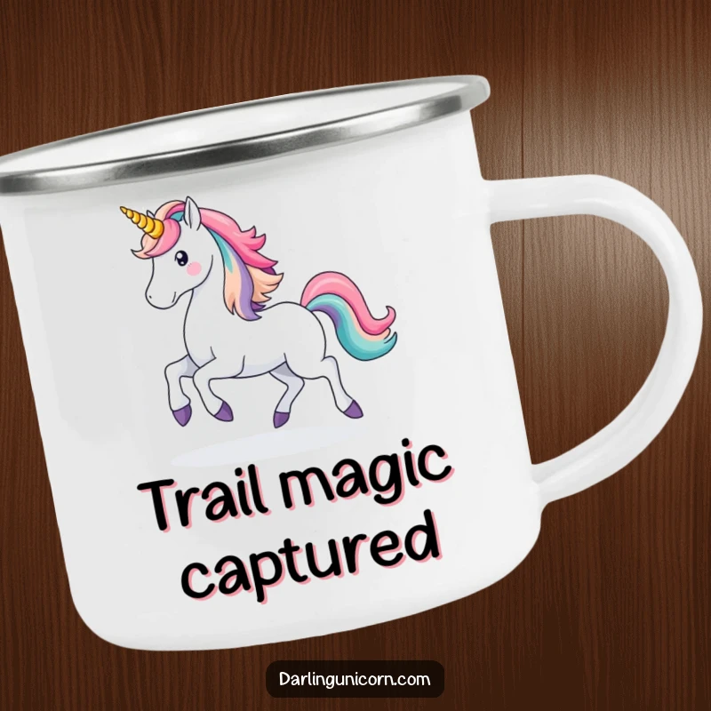 Funny Unicorn Rainbow Enamel Mug: A majestic unicorn prances with a rainbow trail, bringing magic and durability to outdoor enjoyment.